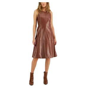 INC International Concepts Faux Leather Fit & Flare Brown Dress Size 16 NWT 0563